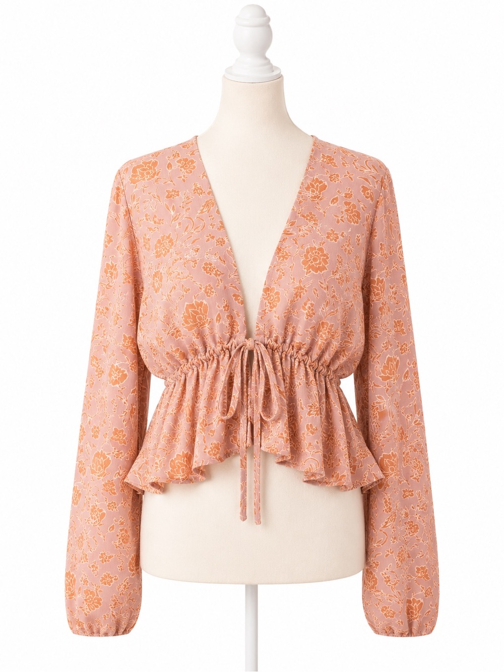 Dress Forum Los Angeles Floral Tie Front Crop Top Boho Bell Sleeve Blouse Pink M